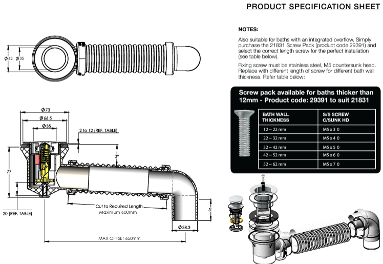 40mm Bath Pop Down® with Connector